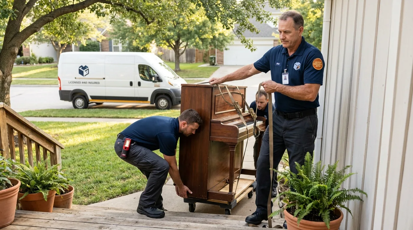 Licensed piano movers securing grand piano in Bowling Green, OH
