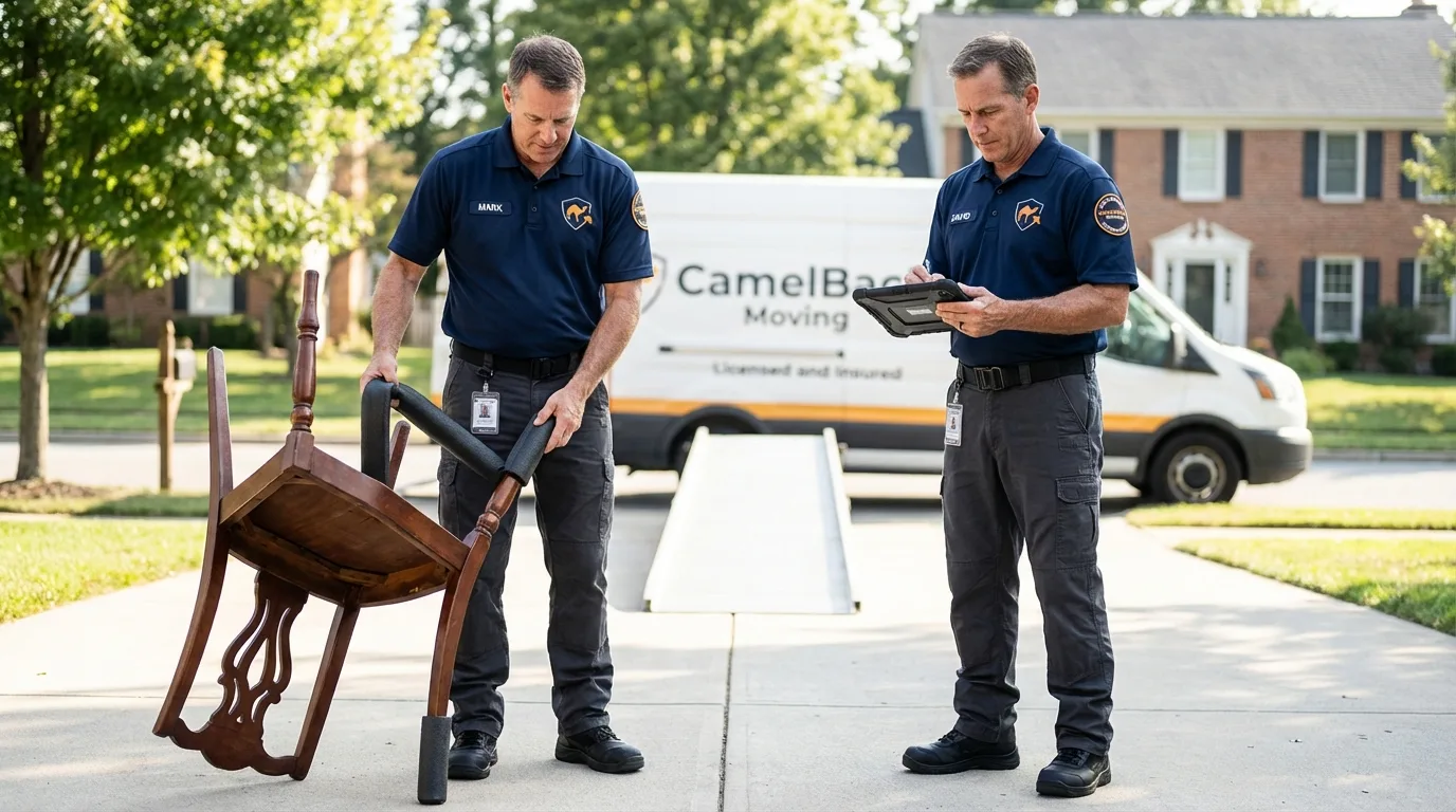 Movers inspecting furniture for damage prevention before loading in Bowling Green, OH