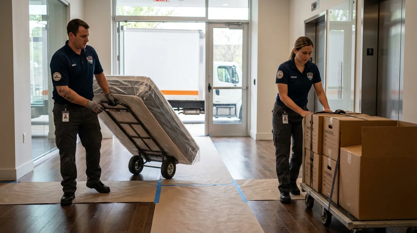 Professional apartment movers loading elevator in Bowling Green, OH